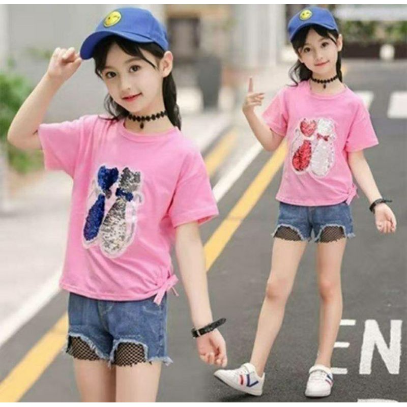 KAOS ANAK PEREMPUAN IMPORT SEQUIN MOTIF KUCING size jumbo /KAOS USAP ANAK PEREMPUAN