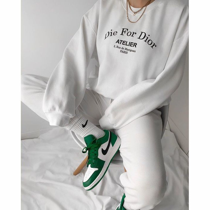 Die For Dior Sweater Wanita Oversize Sweatshirt Oblong Crewneck Fleece - Putih, L