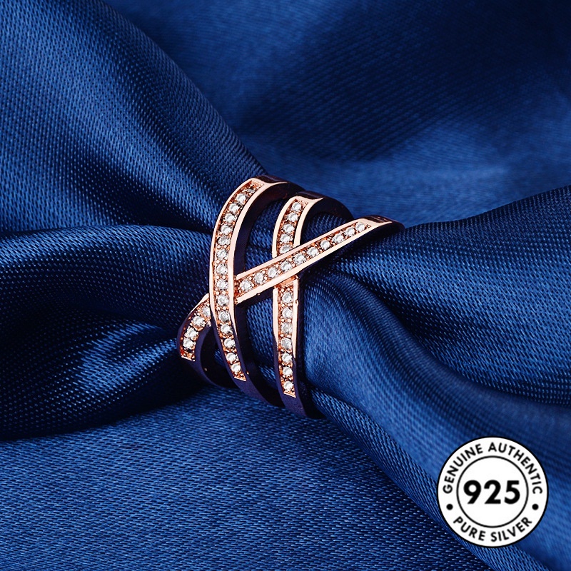 Cincin Sterling Silver 925 Model Kepang Warna Rose Gold Dengan Berlian Imitasi Untuk Wanita