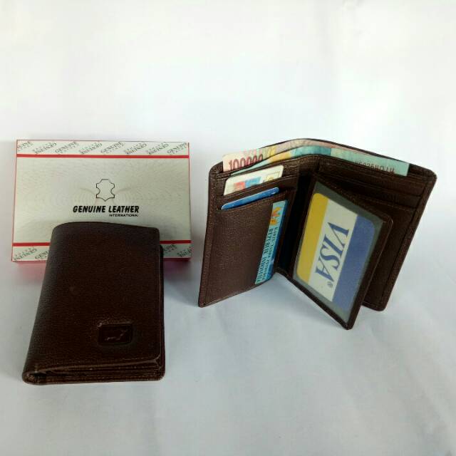 Dompet berdiri 3/4 pria kulit asli warna coklat dompet kartu