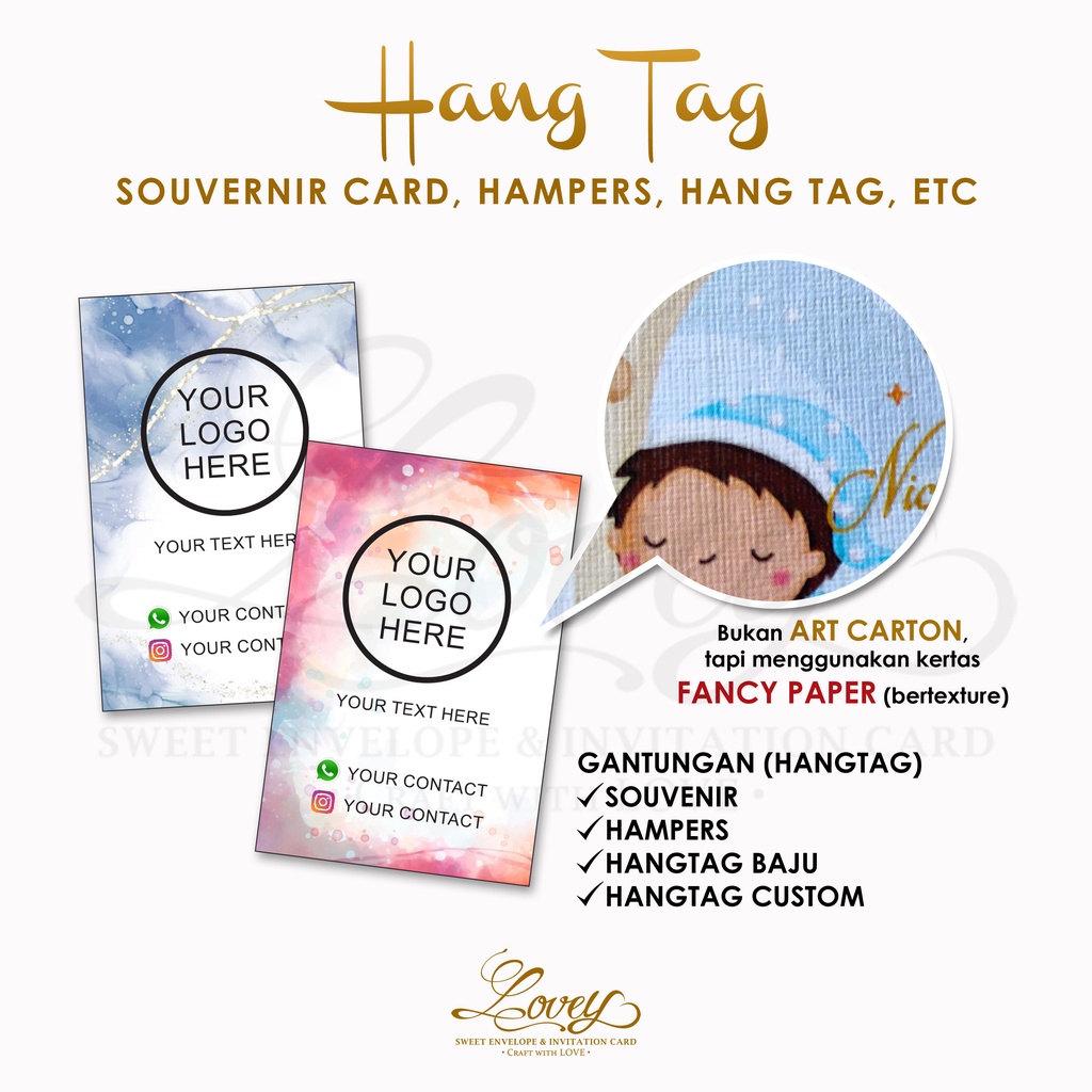 

Cetak HangTag KERTAS BERTEXTURE (FANCY PAPER) / Gantungan Souvenir/ Hampers / Label Baju / Label Merek / Price Tag / Label / FREE TEMPLATE