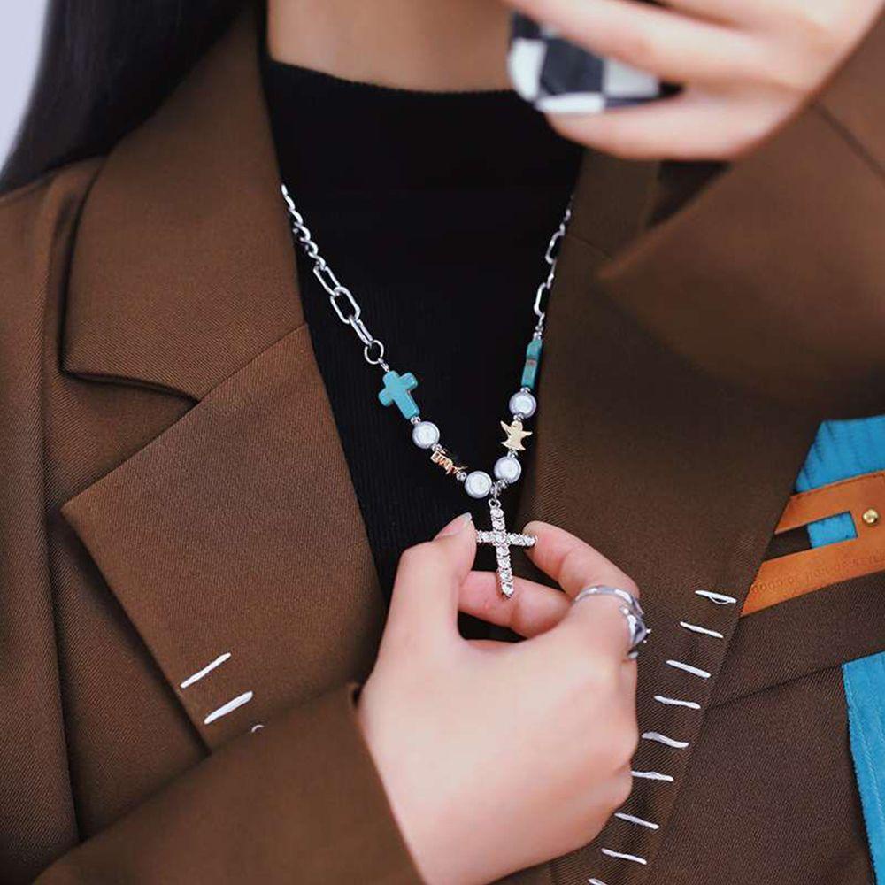 Mxbeauty Kalung Pria Hip-hop Vintage Liontin Salib Fashion Perhiasan Turquoise Beads Titanium Steel Tali Tangan