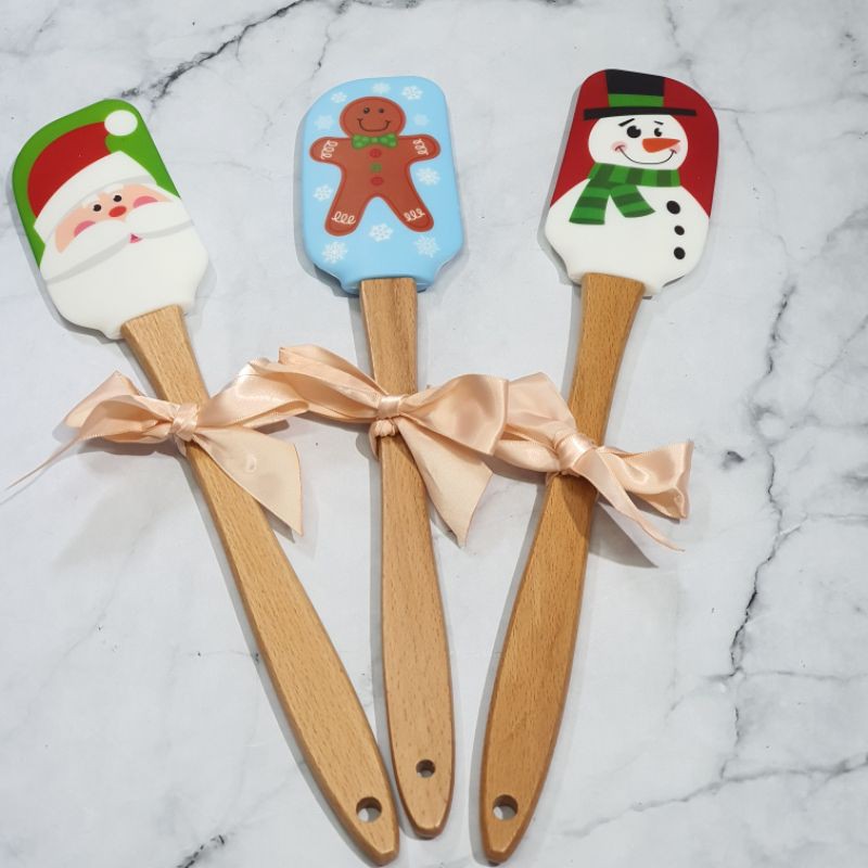 wooden xmas character silicone spatula / spatula gagang kayu gambar natal