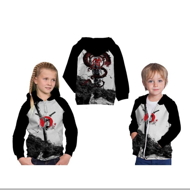 Jaket Hoodie anak Japanese sukajan samurai black&White L/P fullprint