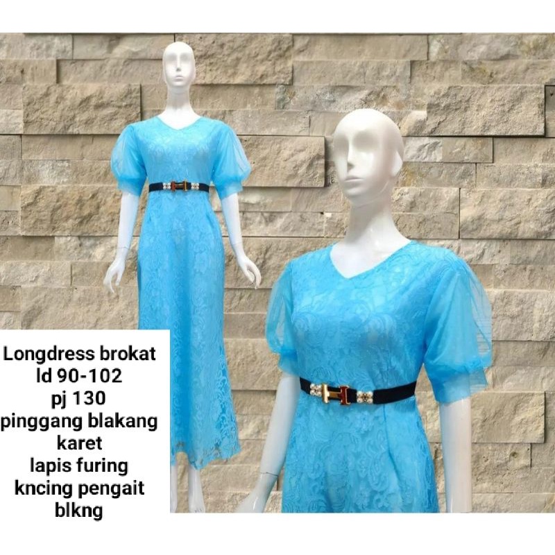 Longdress panjang brokat lapis furing tangan balon viral s m kancing pengait pinggang karet tanpa belt