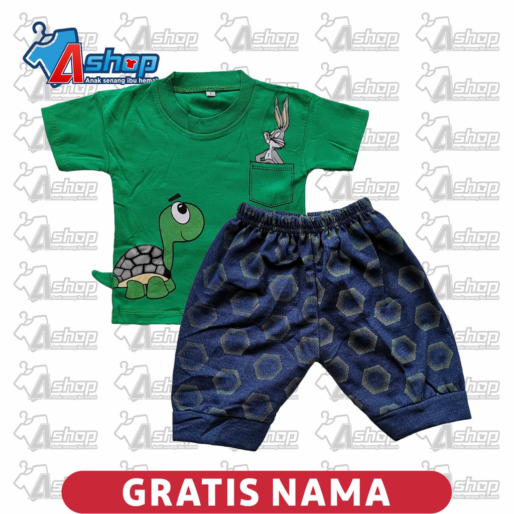 Baju Bayi Setelan Motif Kura kura 3 sampai 18 bulan