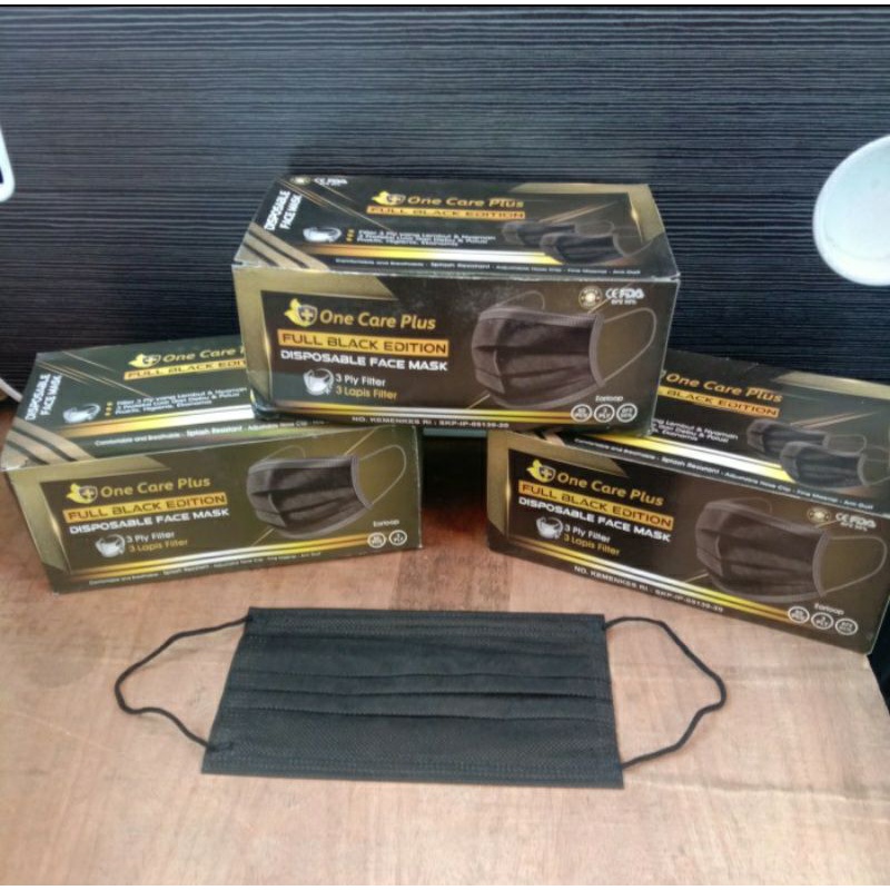 Masker 3 Ply One Care Plus Full Black Edition Non Woven Fabric / Disposable Face Mask