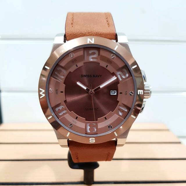 jam tangan swiss navy sn8008 silver dial brown 8008 original