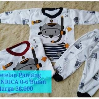 Enrica Setelan Baju Bayi Lengan &amp; Celana Panjang Bahan Kaos Adem Ukuran 0 S M L