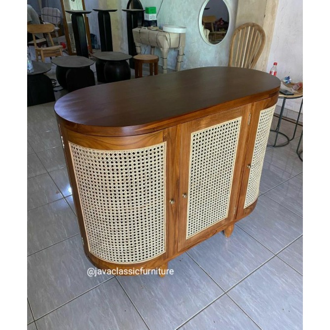 BUFET RETRO ROTAN MINIMALIS BENTUK OVAL BAHAN KAYU JATI FINISHING NATURAL UKURAN 120x90cm-2