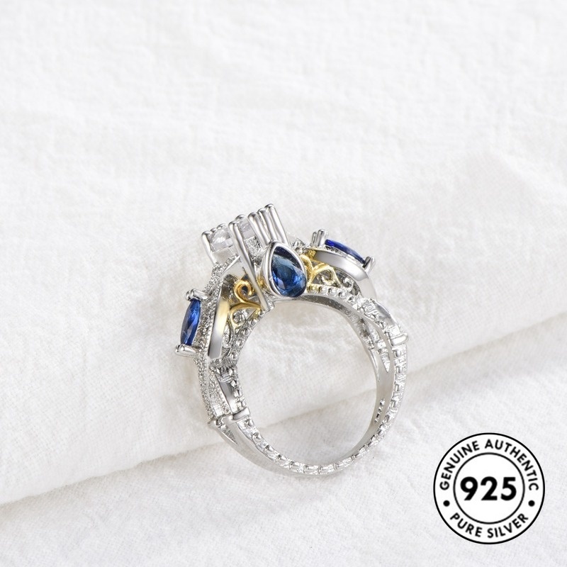 Cincin Bahan S925 Silver Lapis Emas Aksen Berlian Warna Biru