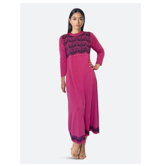 Ameli pink n navy embroidered knit maxi dres