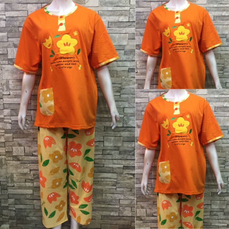 JUMBO CP DAILILAN  | BAJU TIDUR WANITA DEWASA | COD | PIYAMA-Flower Orange