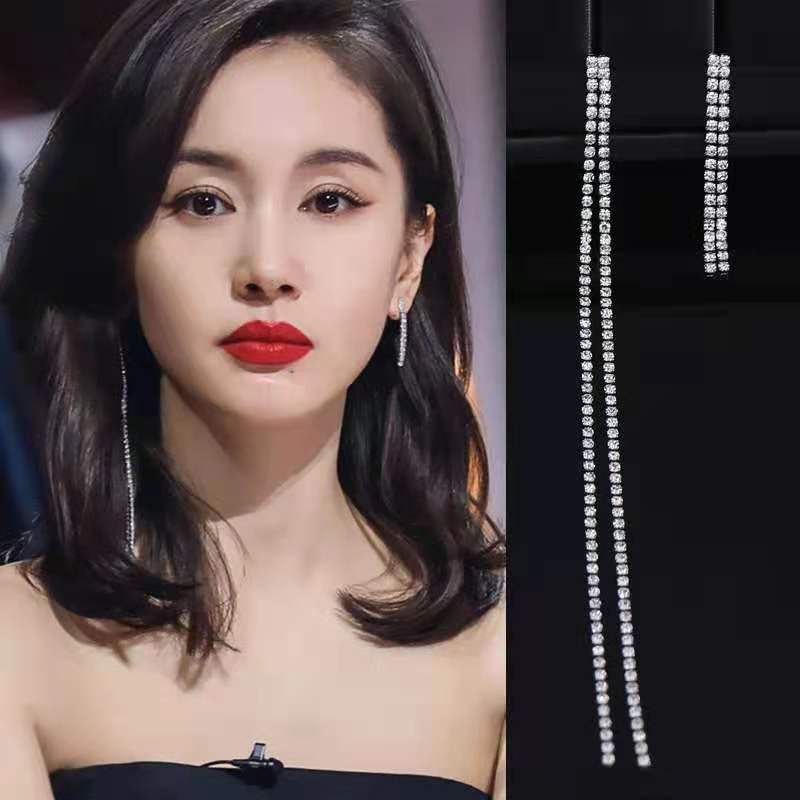 Flash Berlian Baris Ganda Panjang Pendek Rumbai Anting Aksesoris Telinga fashion Korea Wanita