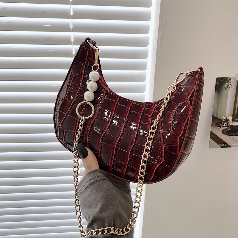 Tas Selempang Bahu Vintage Premium Import Bulan Sabit Kulit Croco Mutiara Bola TAS084