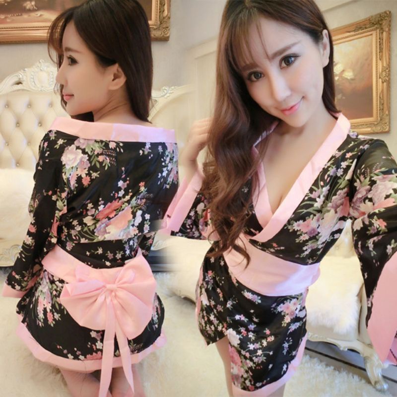 Sexy Kimono Jepang Cosplay Kostum Hitam Pink Motif Bunga