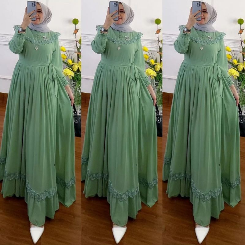 Rauna Dress  /  Gamis Ceruti Bebydoll Terbaru  Mix Renda Full Furing / Gamis Wanita /TREND Gamis Put