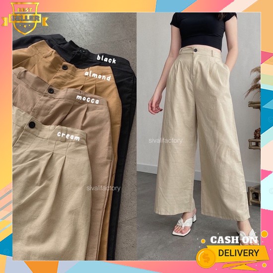 Celana Kain Wanita Keren Murah Kekinian Celana Wanita Terbaru Ce Pd307 Kulot Linen Highwaist 772 - C