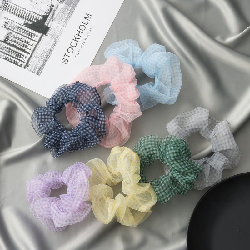 Ikat Rambut Scrunchie Elastis Motif Kotak-Kotak / Ikat Rambut Ponytail Elastis Bahan Satin