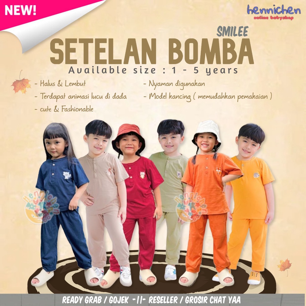 PROMO 7.7 Setelan Bomba Anak 1 - 5Y Adem Lembut Setelan Anak Smilee Unisex Bomba Pendek Panjang Playset Sehari Hari