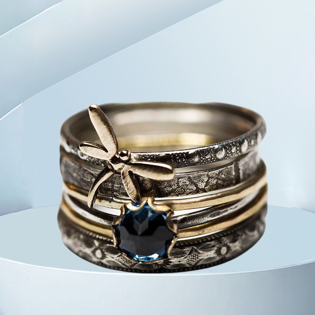 Hu Hu Hu Hu Hu Alat Bantu Pasang Kacamata♡ Cincin Jari Multilayer Desain Capung Aksen Kristal Imitasi Warna Biru Gaya Vintage Untuk Kencan