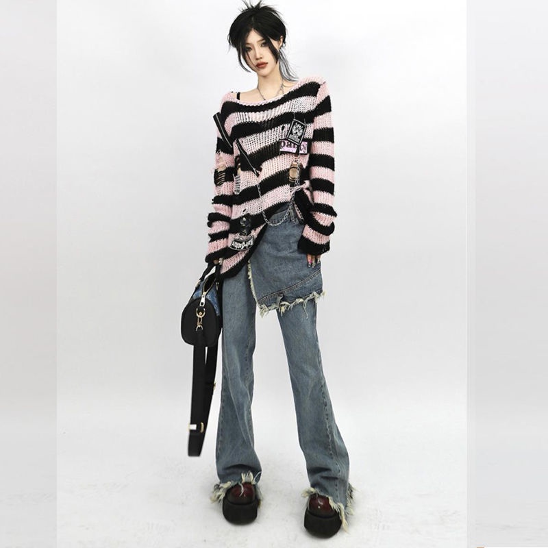 Suhao Street Style Straight Jeans Wanita Musim Semi Desain Baru Sense Kecil Palsu Dua Potongan longgar Flared Wide Pants