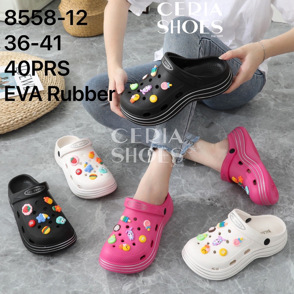 EVA Sandal Slop Baim Wanita Import Korean Rubber Eva Super Ringan Empuk Elastis Bahan Karet Tebal 5 Cm Sol Anti Slip BALANCE STROBERI