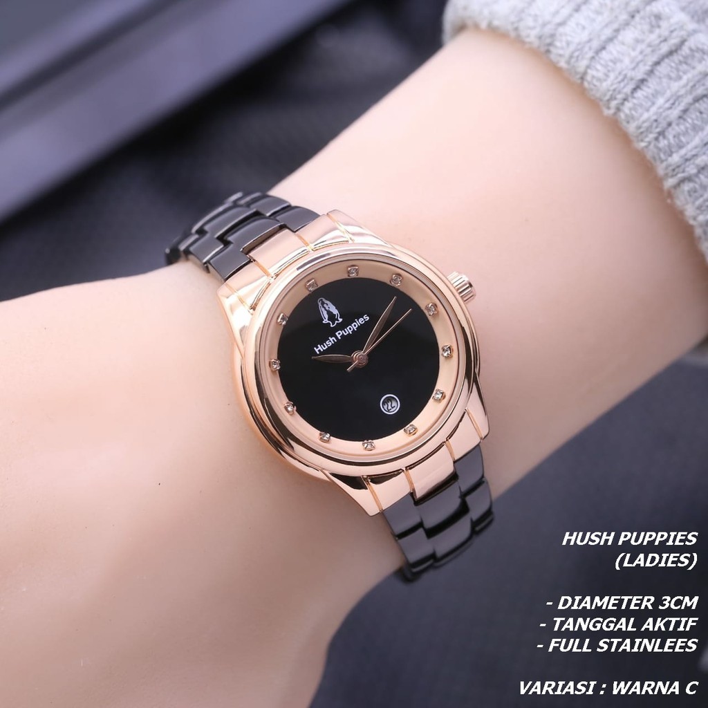 JAM TANGAN WANITA HUSH PUPPIES RANTAI BODY BULAT TANGGAL AKTIF