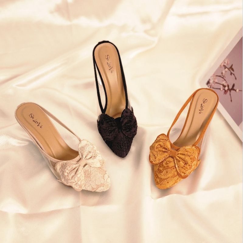 Arlaine- Imelda High Heels Wanita / Sepatu Heels Wanita / Heels Brukat Kaca / Heels 7cm / Heels Pesta / Selop Heels
