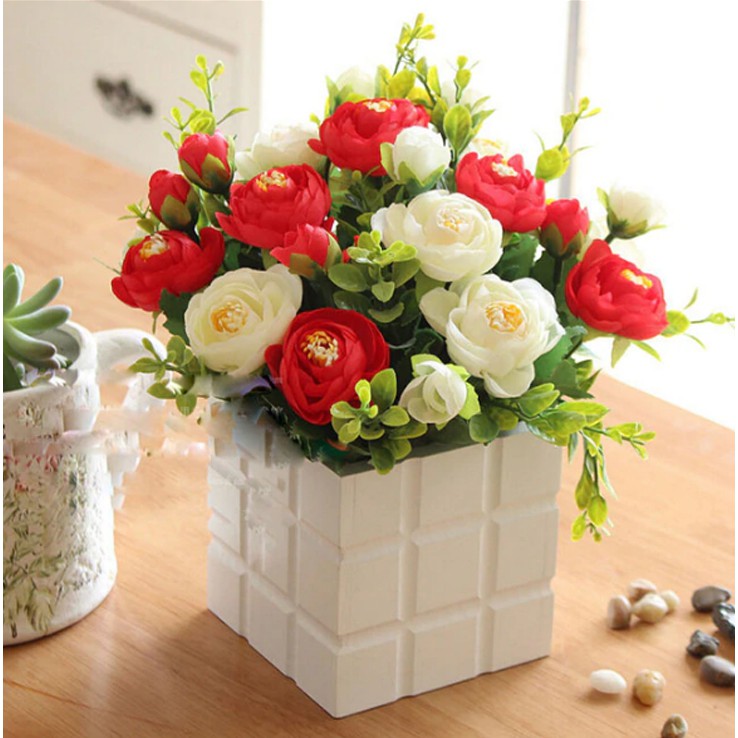 Naindo Bunga Mawar telor pot kayu hiasan ruang tamu dan kantor-bunga shabby-bunga plastik