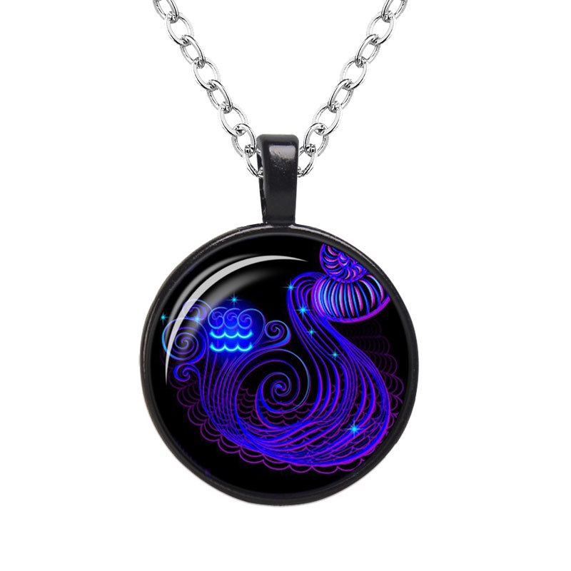 Kalung Rantai Dengan Liontin Kaca 12 Zodiak Untuk Unisex