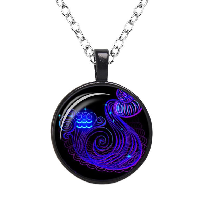 Kalung Rantai Liontin 12 Zodiak Libra Aries Leo Glass Untuk Pria Dan Wanita