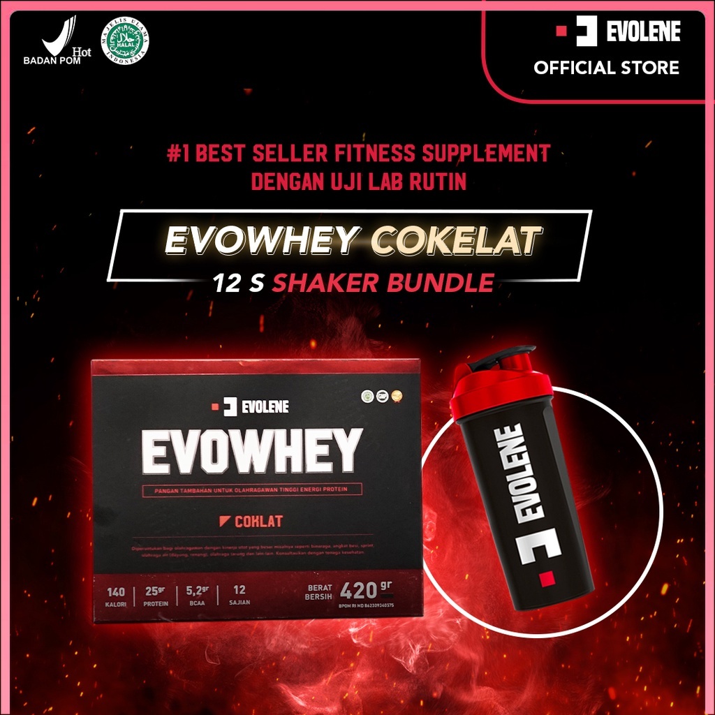 

Evolene Whey Protein Coklat 456gr/12 Sachet + Shaker Minuman Protein Suplemen Workout BPOM HALAL ORI