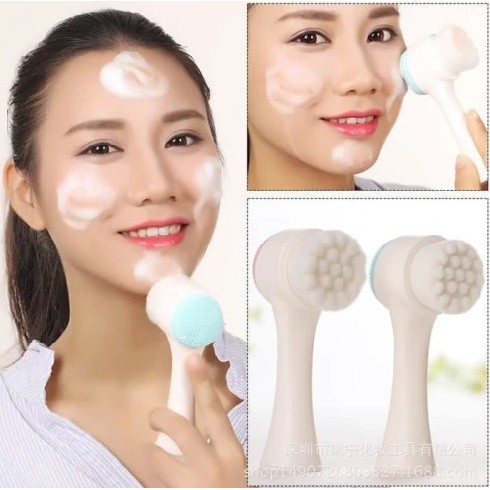 Alat Pembersih Wajah Silikon 2 Sisi Gagang / Alat Cuci Muka 2in1 Facial Brush Dan Bulu Sikat Silikon