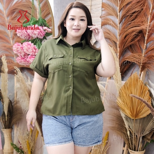 KEMEJA WANITA JUMBO BIG SIZE POLOS LENGAN PENDEK BAJUBUNDA RENATA-ARMY