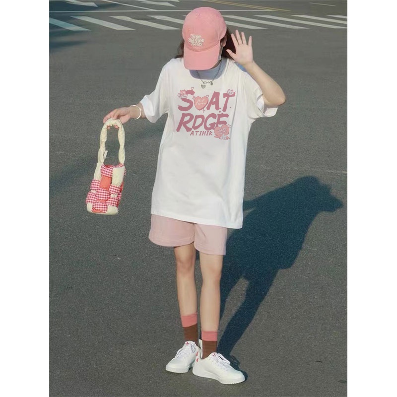 EUNII T-shirt Lengan Pendek Cute Pink English Korean Style/Kaos Atasan Wanita/Baju Kaus Oversize Wanita/Kaos Wanita