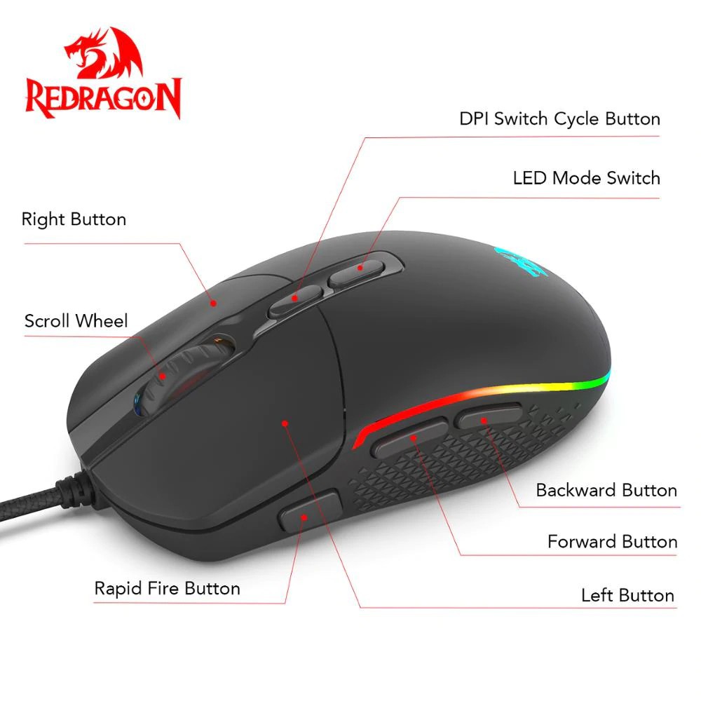 Mouse gaming redragon wired usb Macro 10000dpi M719 RGB Invader