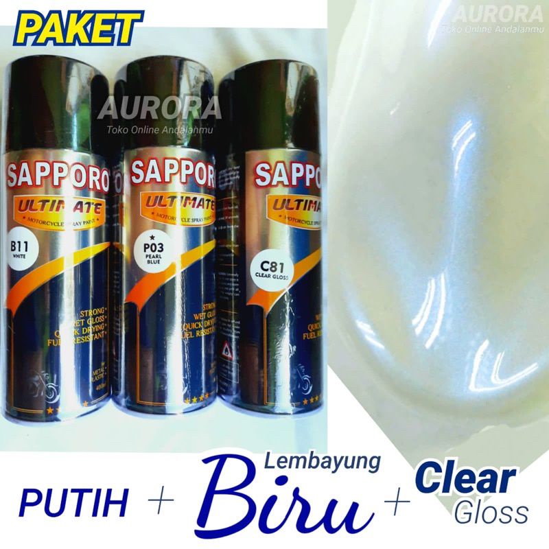 PAKET Cat Pilok Sapporo B11 White Putih + P03 Pearl Blue Lembayung Biru + C81 Clear Gloss  Anti Gore