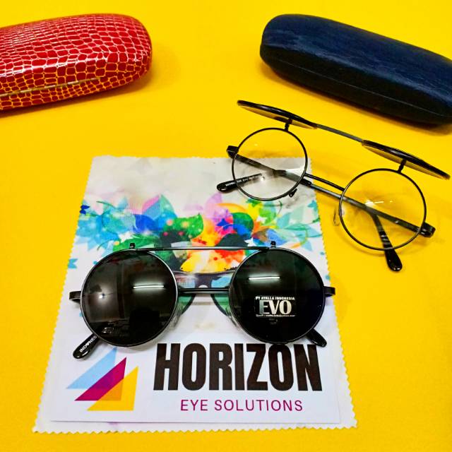 Kacamata bulat boboho john lennon lensa double klip on clip on buka tutup retro free box