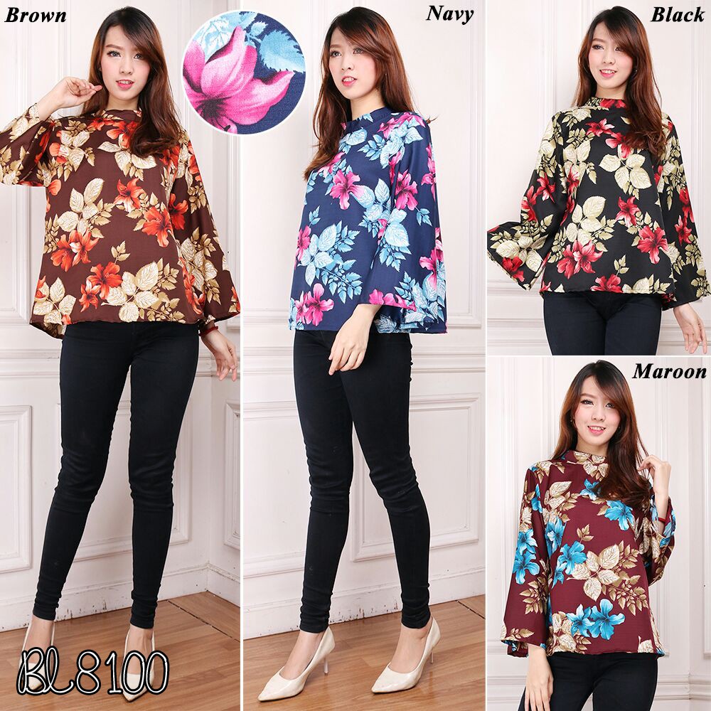  Baju  atasan  blouse motif  bunga  lucu coklat hitam maroon 