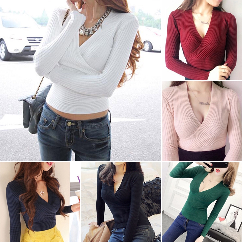 Sweater Wanita Dengan Model Kerah V Neck Menyilang Dan Bahan Katun Ukuran Regular Untuk Fitness Shopee Indonesia