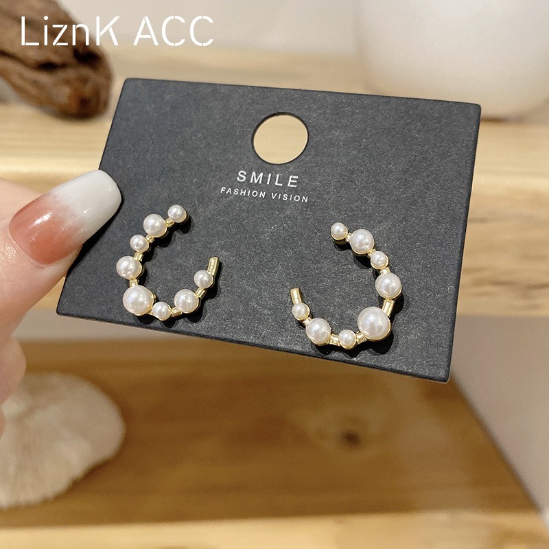 Anting Stud Bentuk C Aksen Mutiara Bahan S925 Untuk Aksesoris