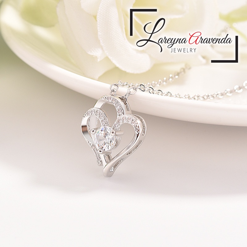 Kalung Titanium + Liontin Wanita Model Double Love Crystal KL020