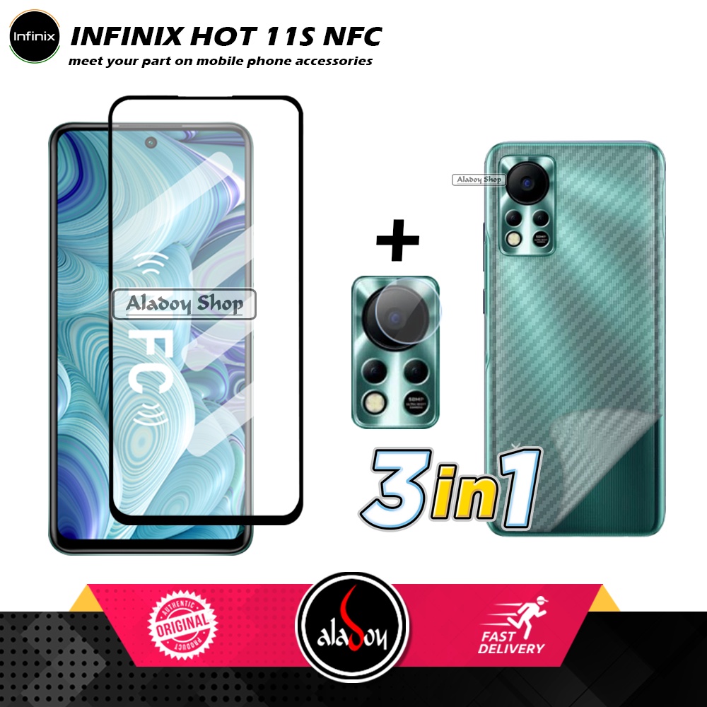 PAKET 3 IN 1 Tempered Glass Layar Infinix Hot 11S NFC Free Tempered Glass Camera dan Skin Carbon