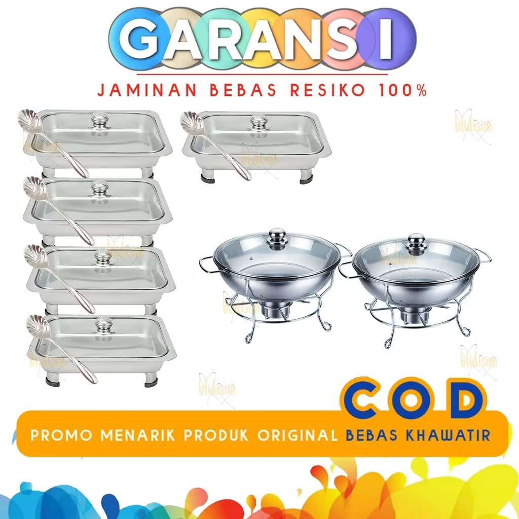 Paket Prasmanan Set Stainless 2 Bulat 5 Kotak Tutup Full Kaca Wadah Saji Prasmanan Nampan Warteg Teb
