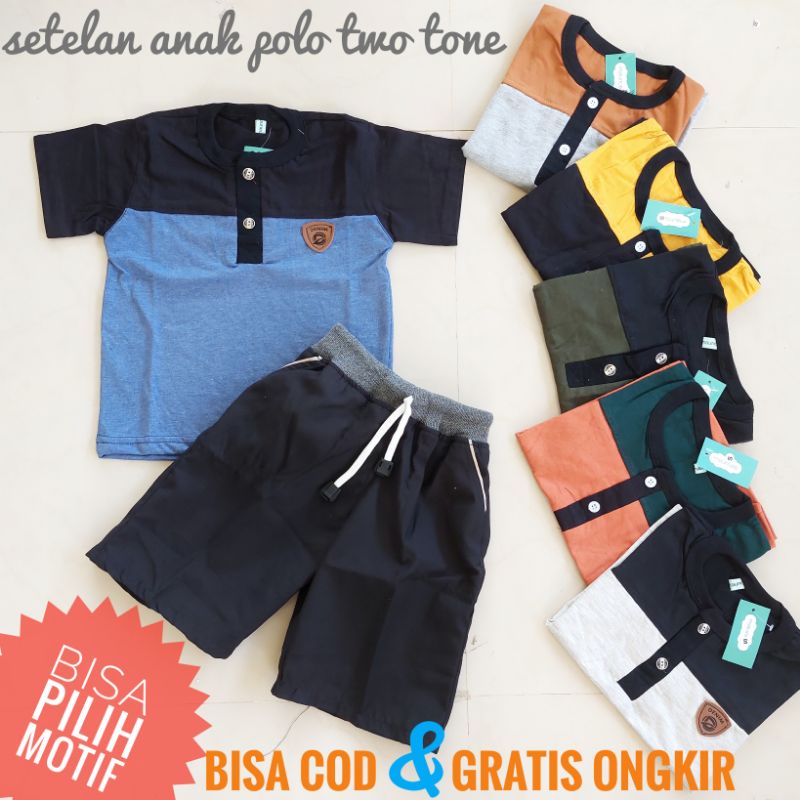 Setelan Anak Size S Usia 3-4 tahun Kaos Kancing Kombinasi Celana Pendek Chinos