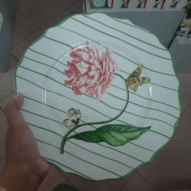 ROSE DINNER PLATE PIRING KERAMIK SANGO MOTIF BUNGA MAWAR PINK GARIS KOLEKSI DEKOR DAPUR CANTIK HIAS 