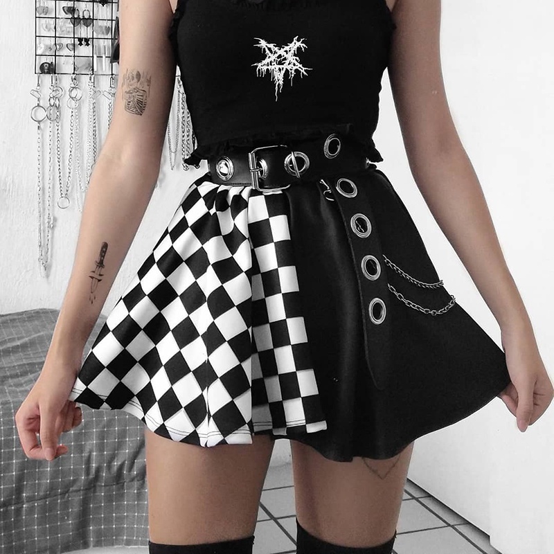 [Goth Story] Mini Skirt Sexy Gothic Plaid Chess Pattern Rok Pendek Hitam Motif Catur 8593 (S/M/L)