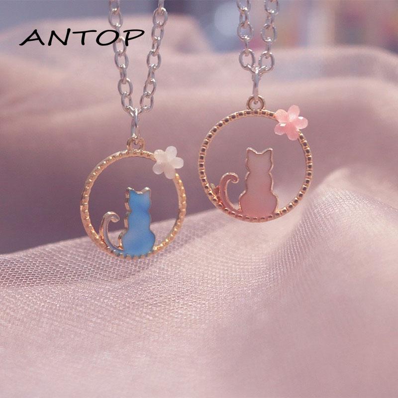 1 Pcs Kalung Titanium Wanita Lingkaran Anak Kucing Biru Merah Jambu Pasangan Teman Perhiasan ANTOP