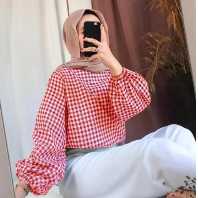 Best Seller square blouse motif kotak baju lengan panjang atasan tangan balon pakaian wanita terlari